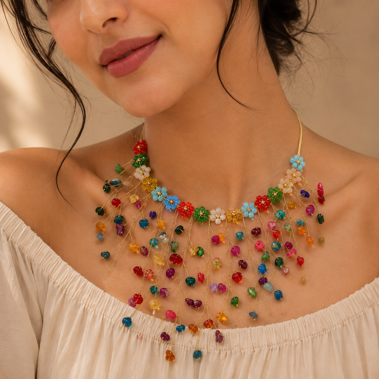 Rainbow Blossom Cascade Statement Necklace