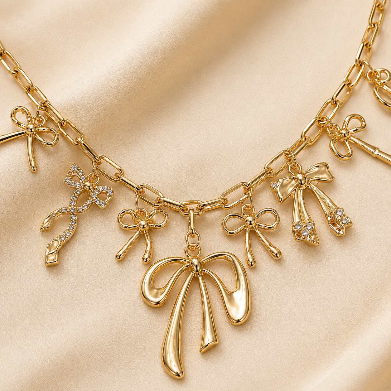 Golden Bow Charm Necklace and Earring Set