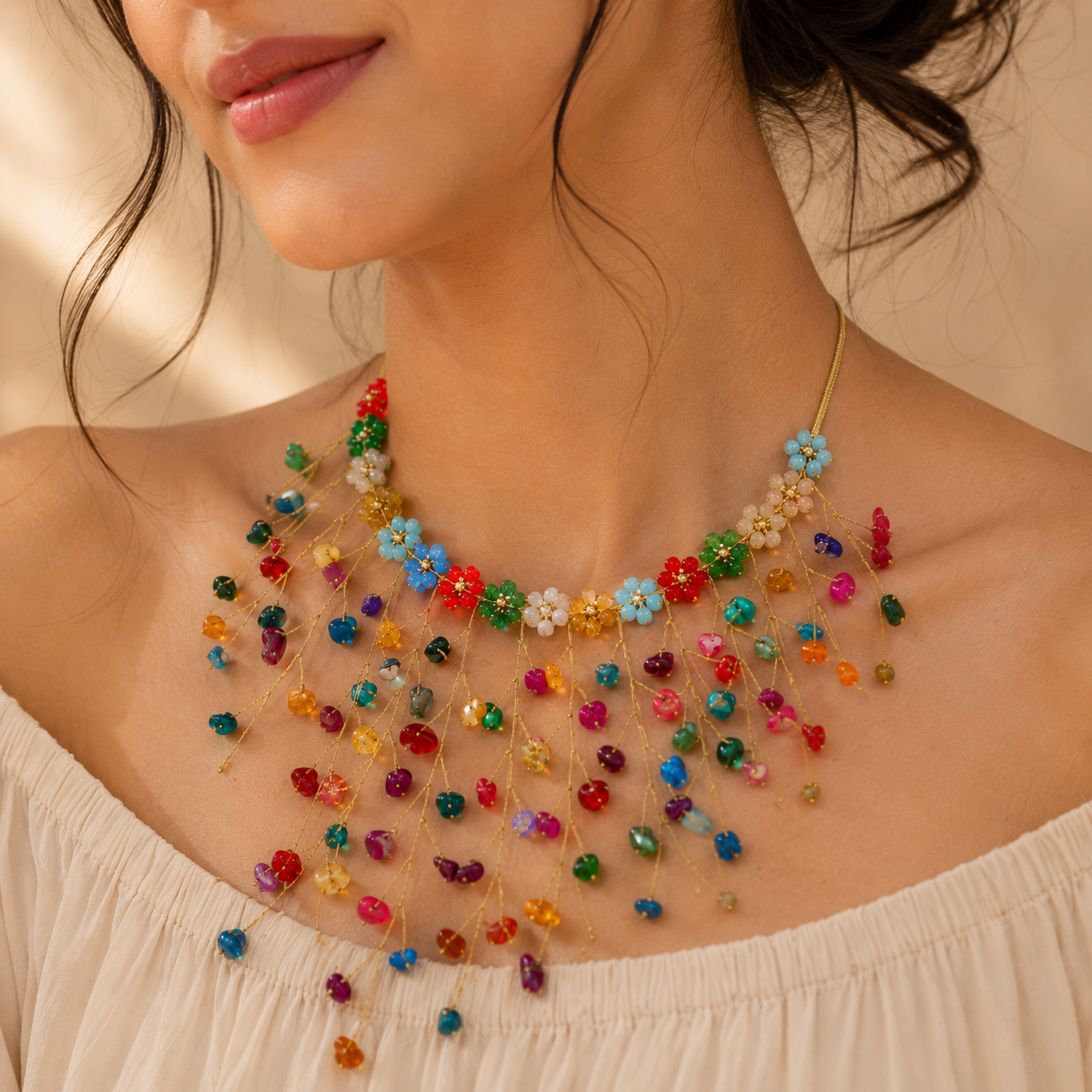 Rainbow Blossom Cascade Statement Necklace