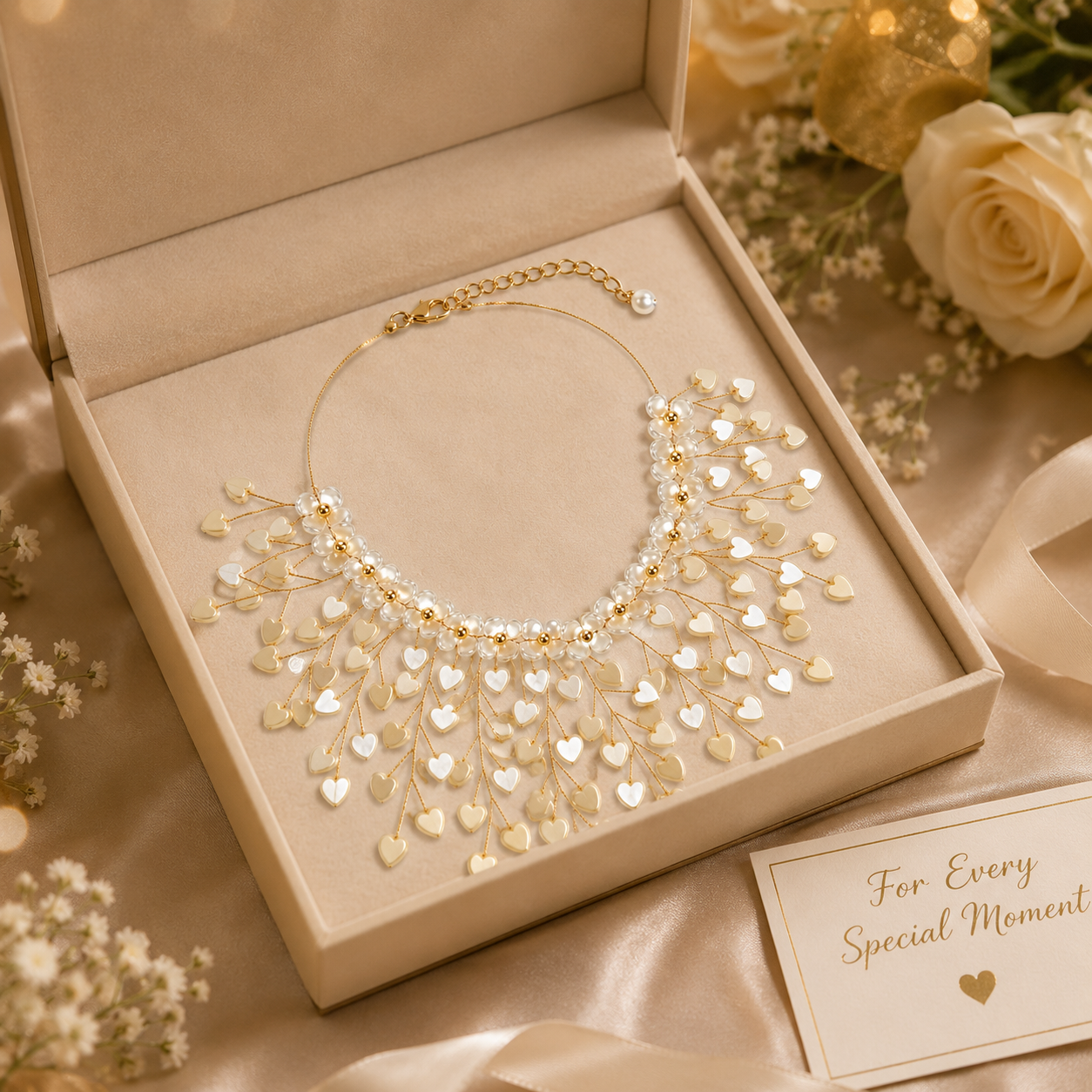 Golden Heart Cascade Pearl Statement Necklace