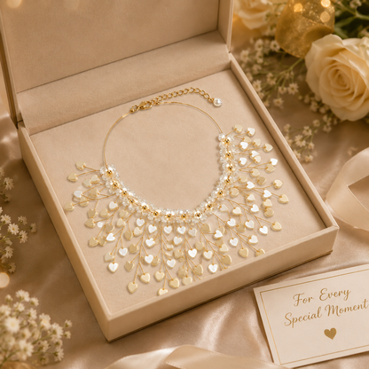 Golden Heart Cascade Pearl Statement Necklace
