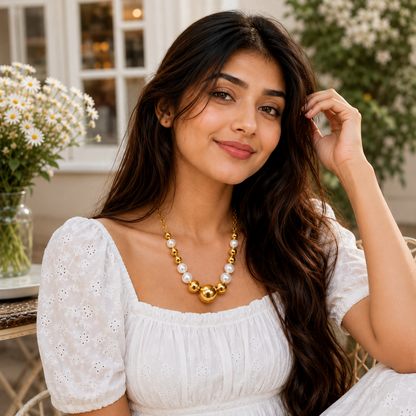 Golden Pearl Beaded Statement Necklace