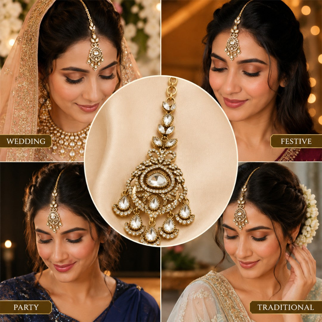 Kundan-Inspired Crystal Drop Gold-Tone Maang Tikka