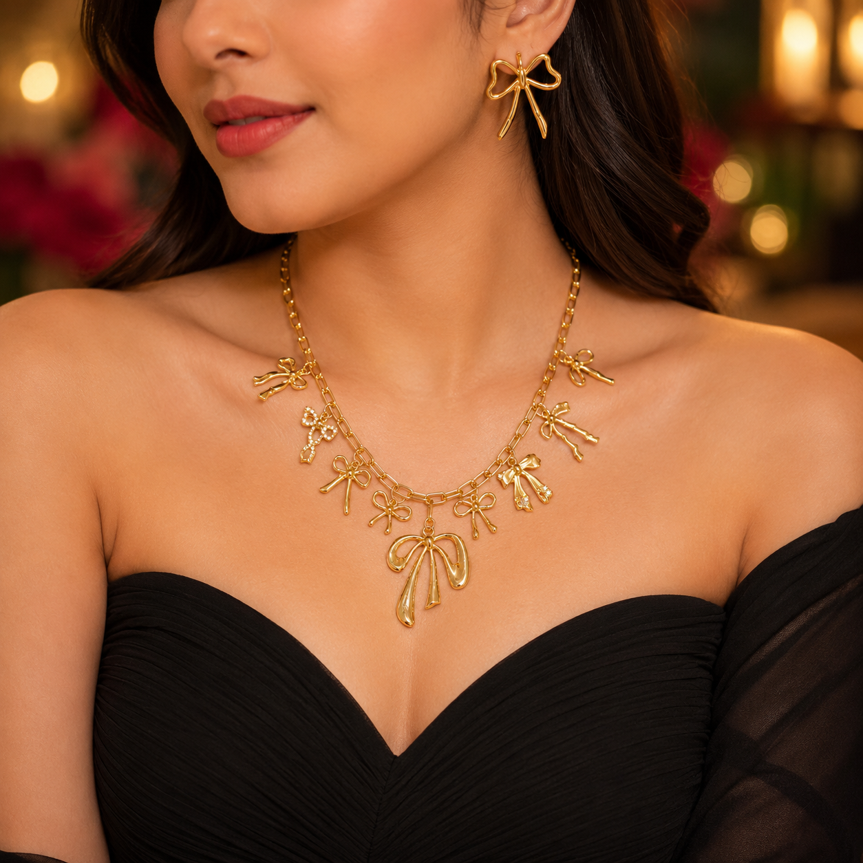 Golden Bow Charm Necklace and Earring Set