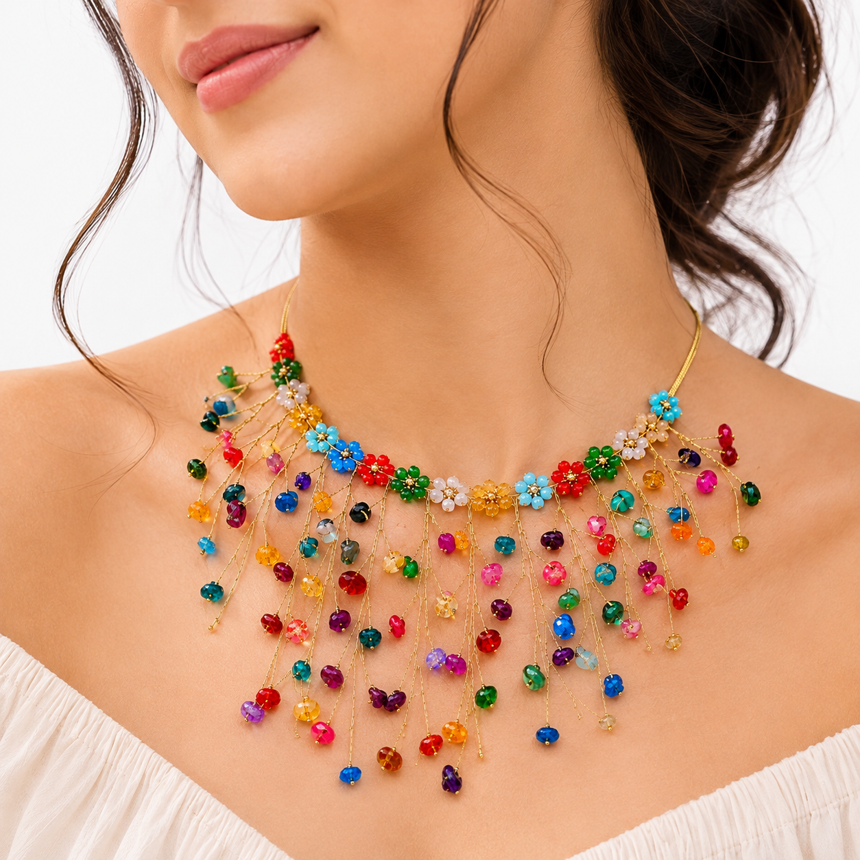 Rainbow Blossom Cascade Statement Necklace