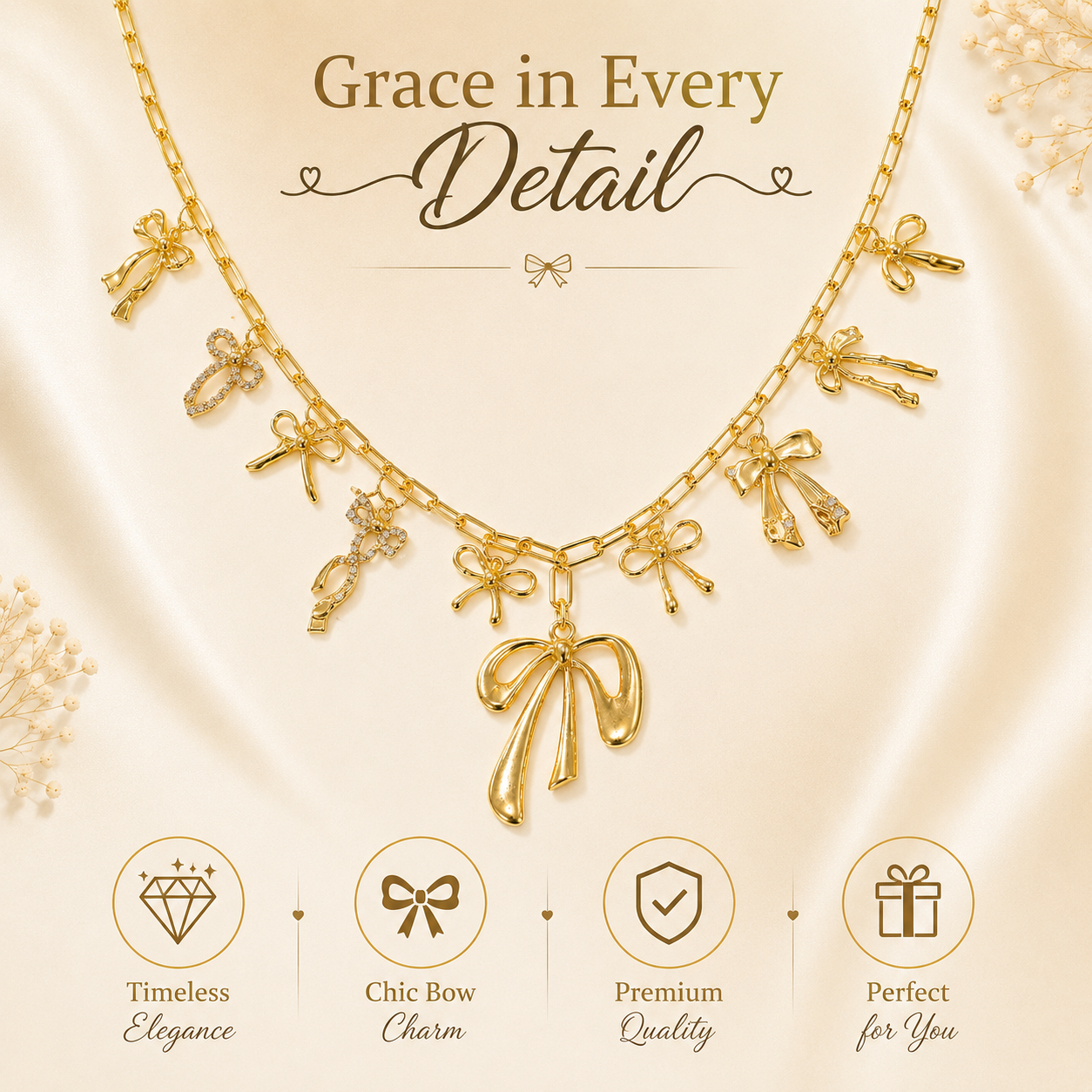 Golden Bow Charm Necklace and Earring Set