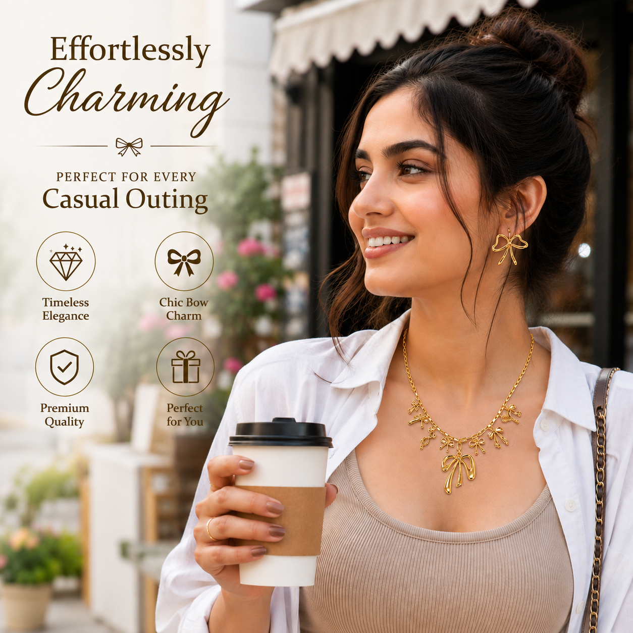 Golden Bow Charm Necklace and Earring Set