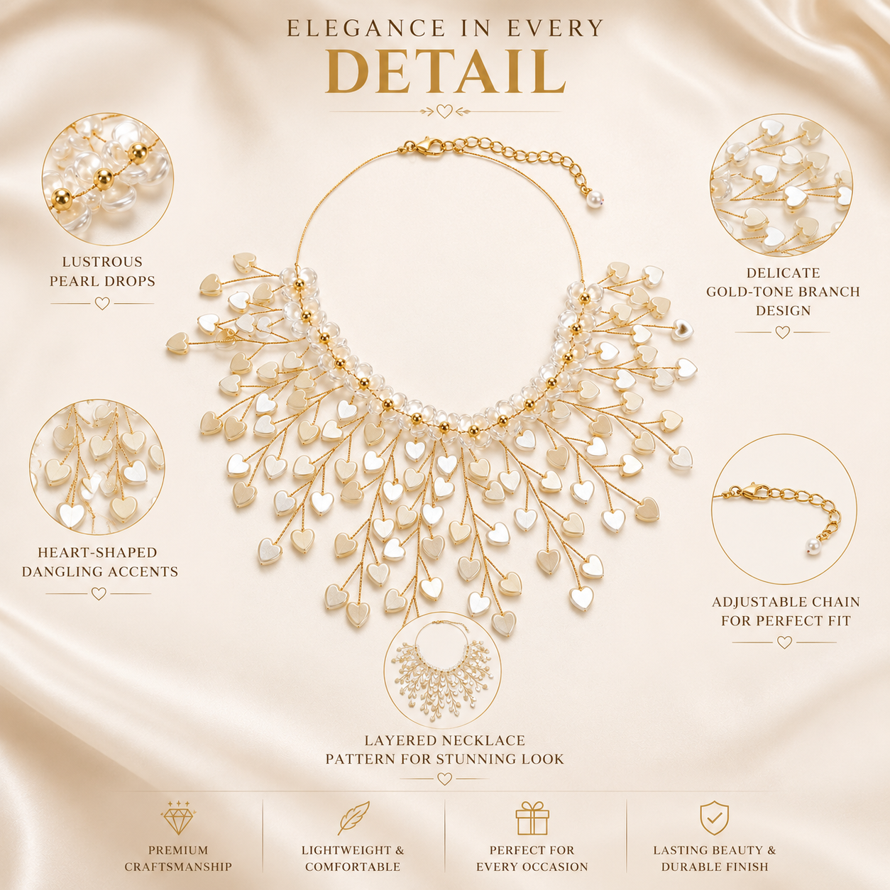 Golden Heart Cascade Pearl Statement Necklace