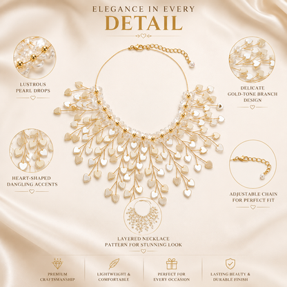 Golden Heart Cascade Pearl Statement Necklace