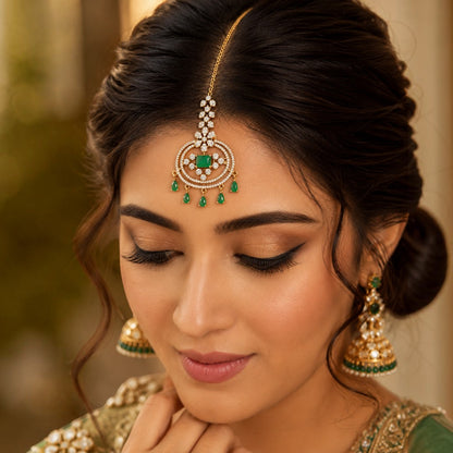 Emerald Green Stone &amp; Crystal Gold-Tone Maang Tikka