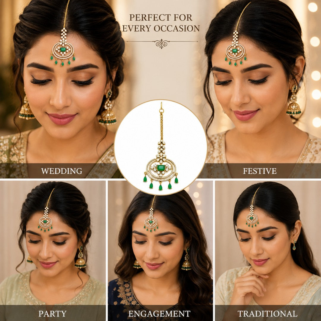 Emerald Green Stone &amp; Crystal Gold-Tone Maang Tikka