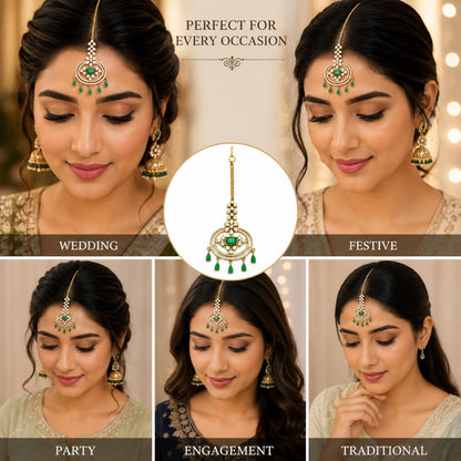 Emerald Green Stone &amp; Crystal Gold-Tone Maang Tikka