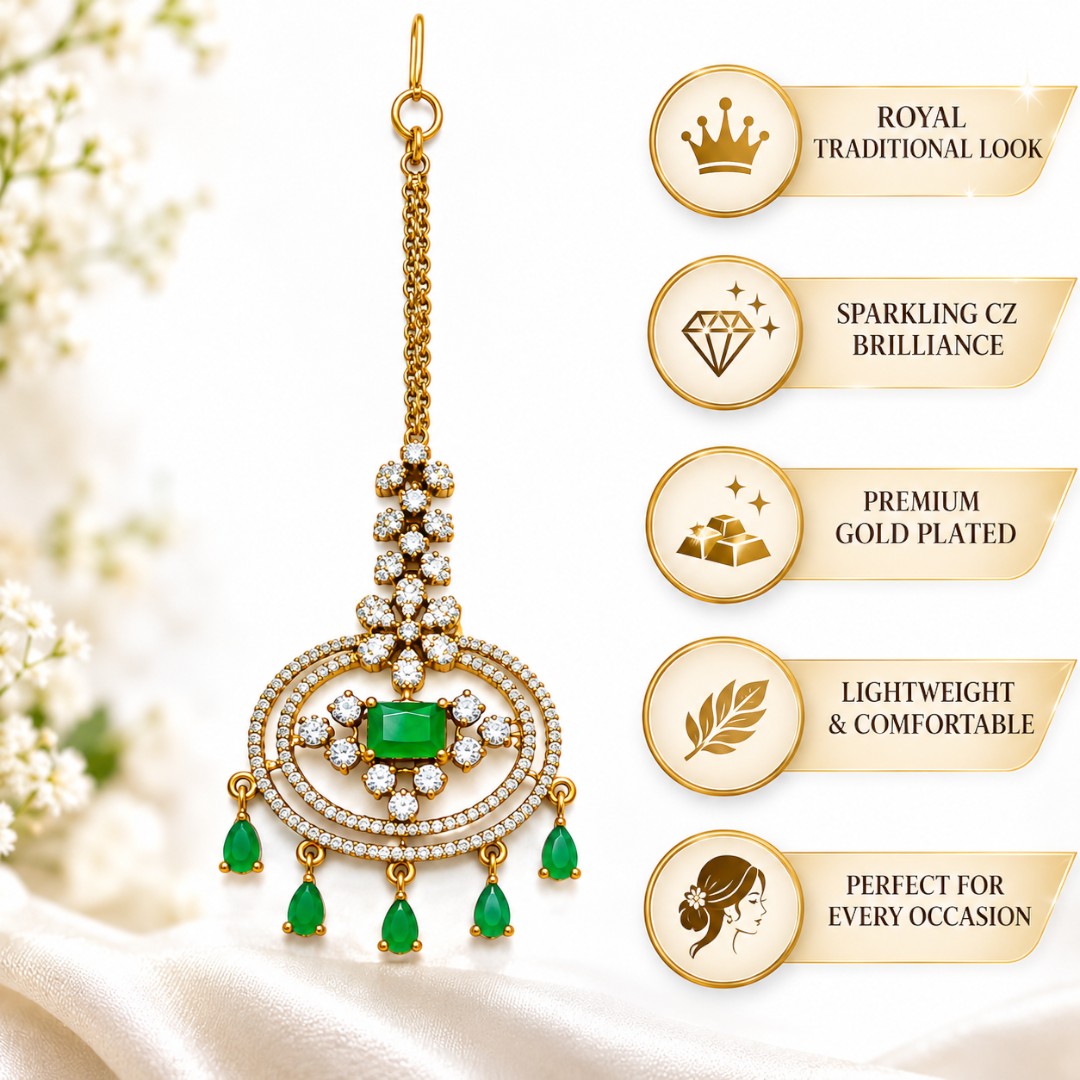 Emerald Green Stone &amp; Crystal Gold-Tone Maang Tikka