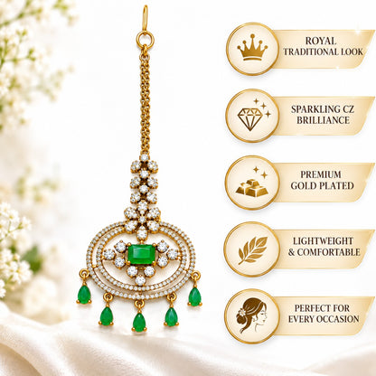 Emerald Green Stone &amp; Crystal Gold-Tone Maang Tikka