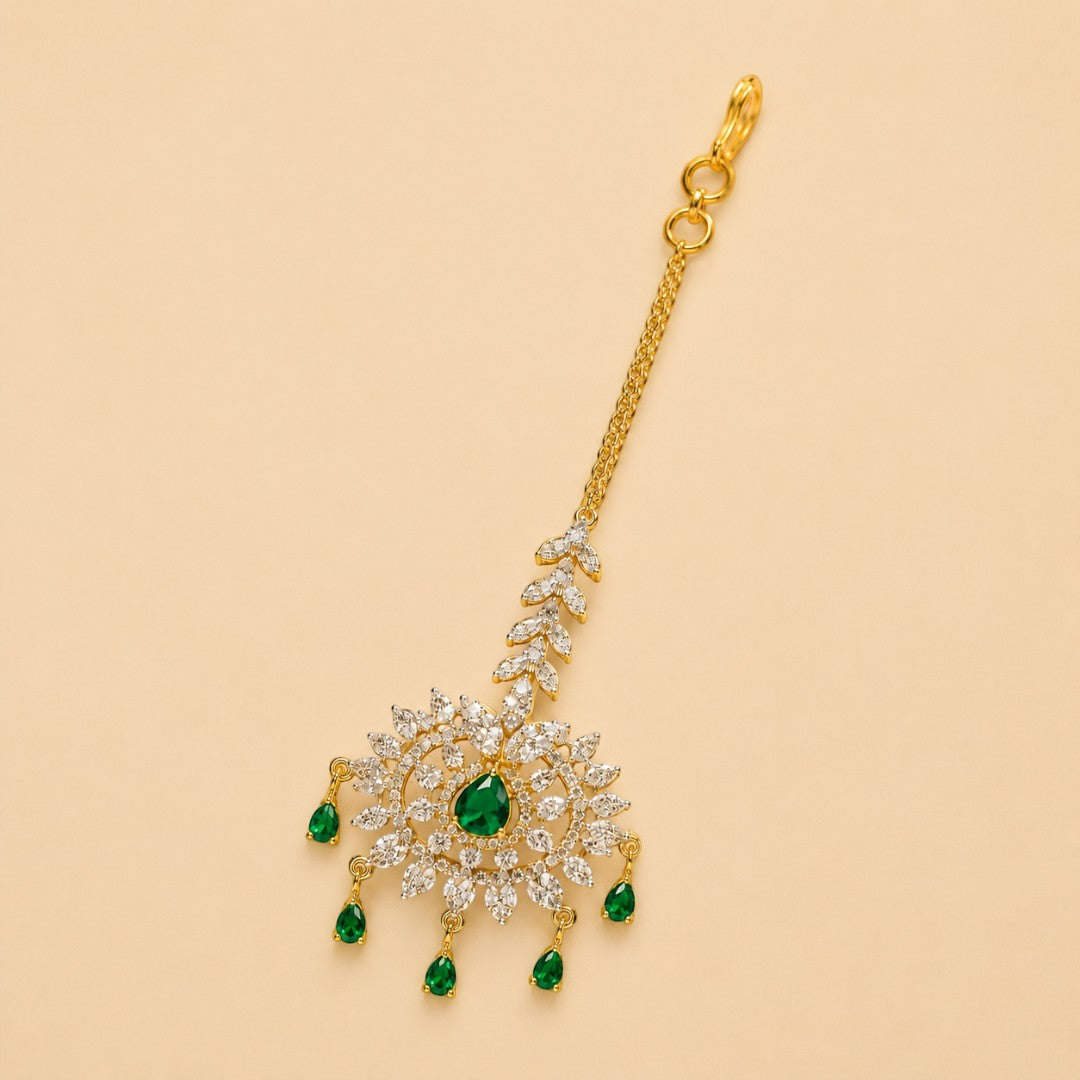 Emerald Green Floral Crystal Gold-Tone Maang Tikka
