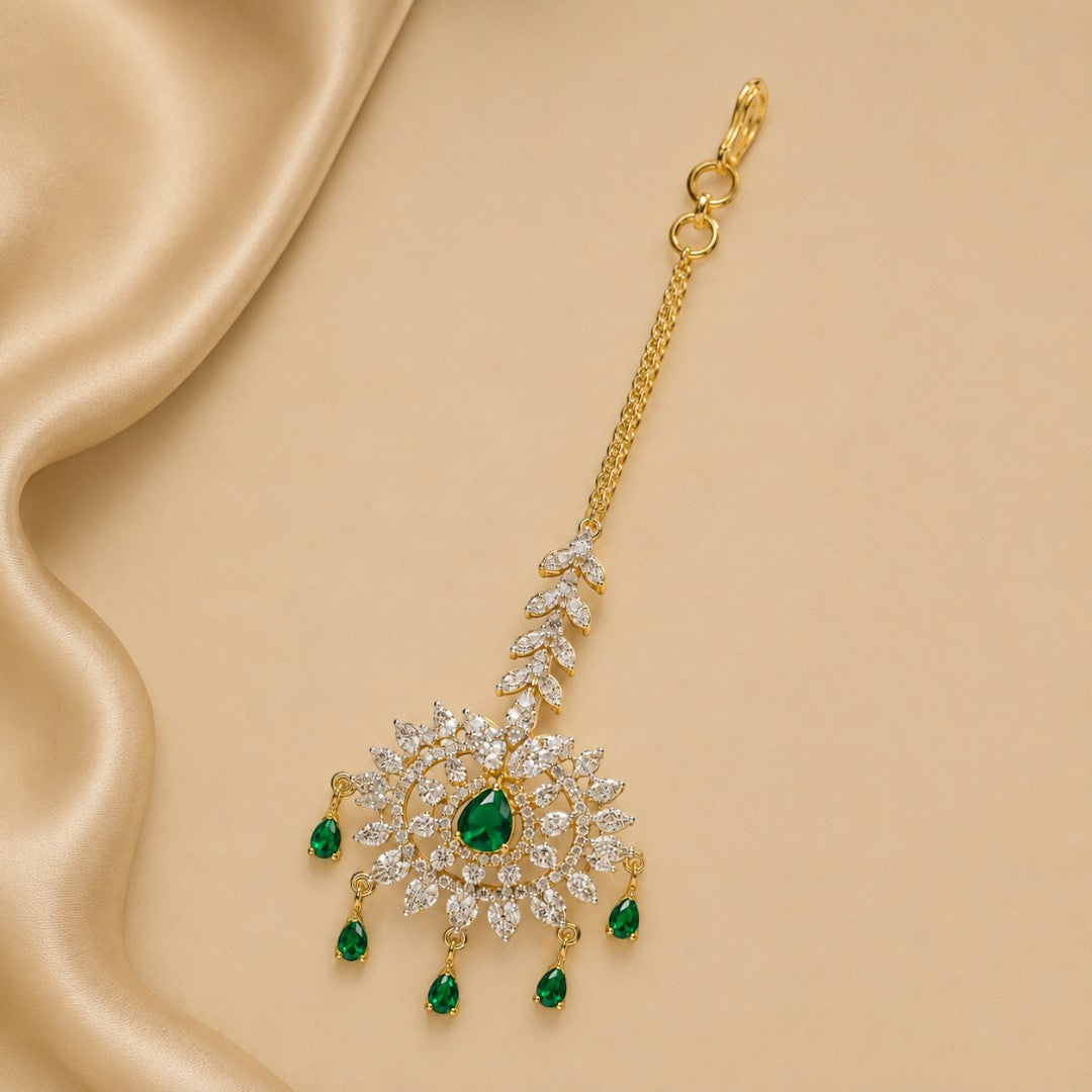 Emerald Green Floral Crystal Gold-Tone Maang Tikka