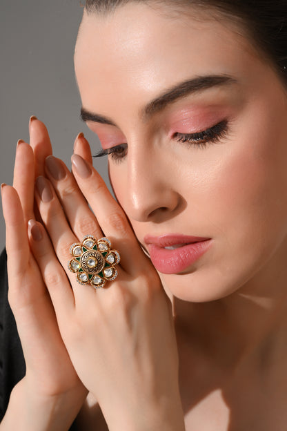 Regal Emerald Bloom Kundan Ring