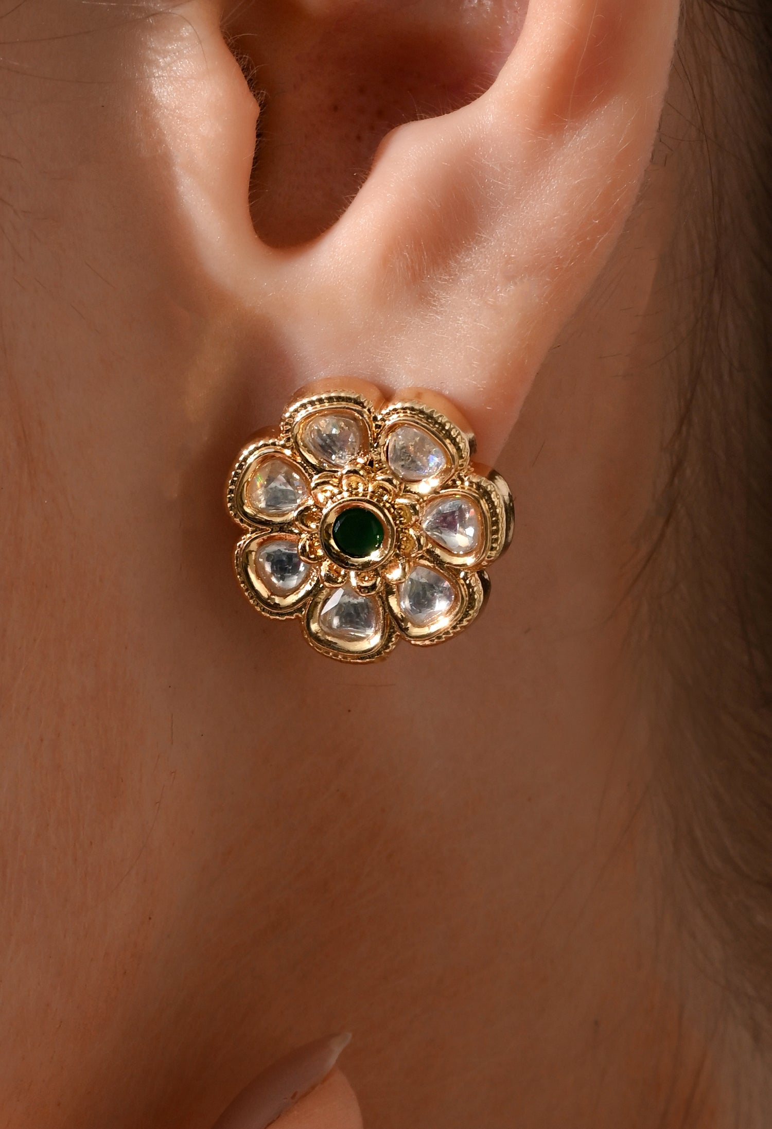Emerald Glow Floral Kundan Stud Earrings