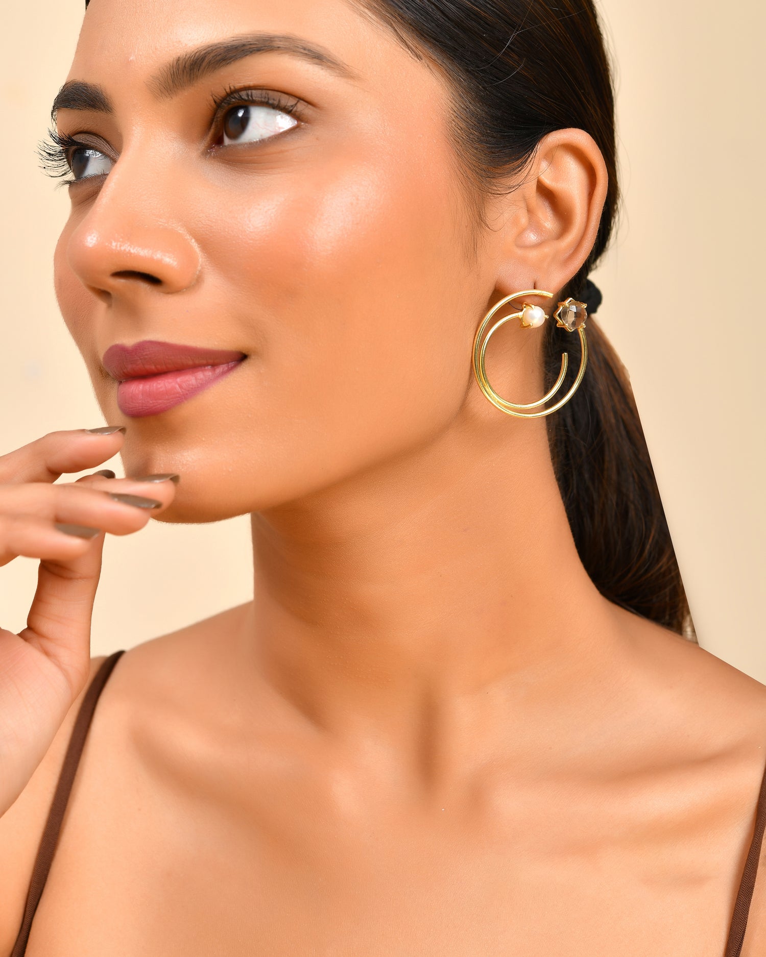 Dual Hoop Pearl Stud Earrings