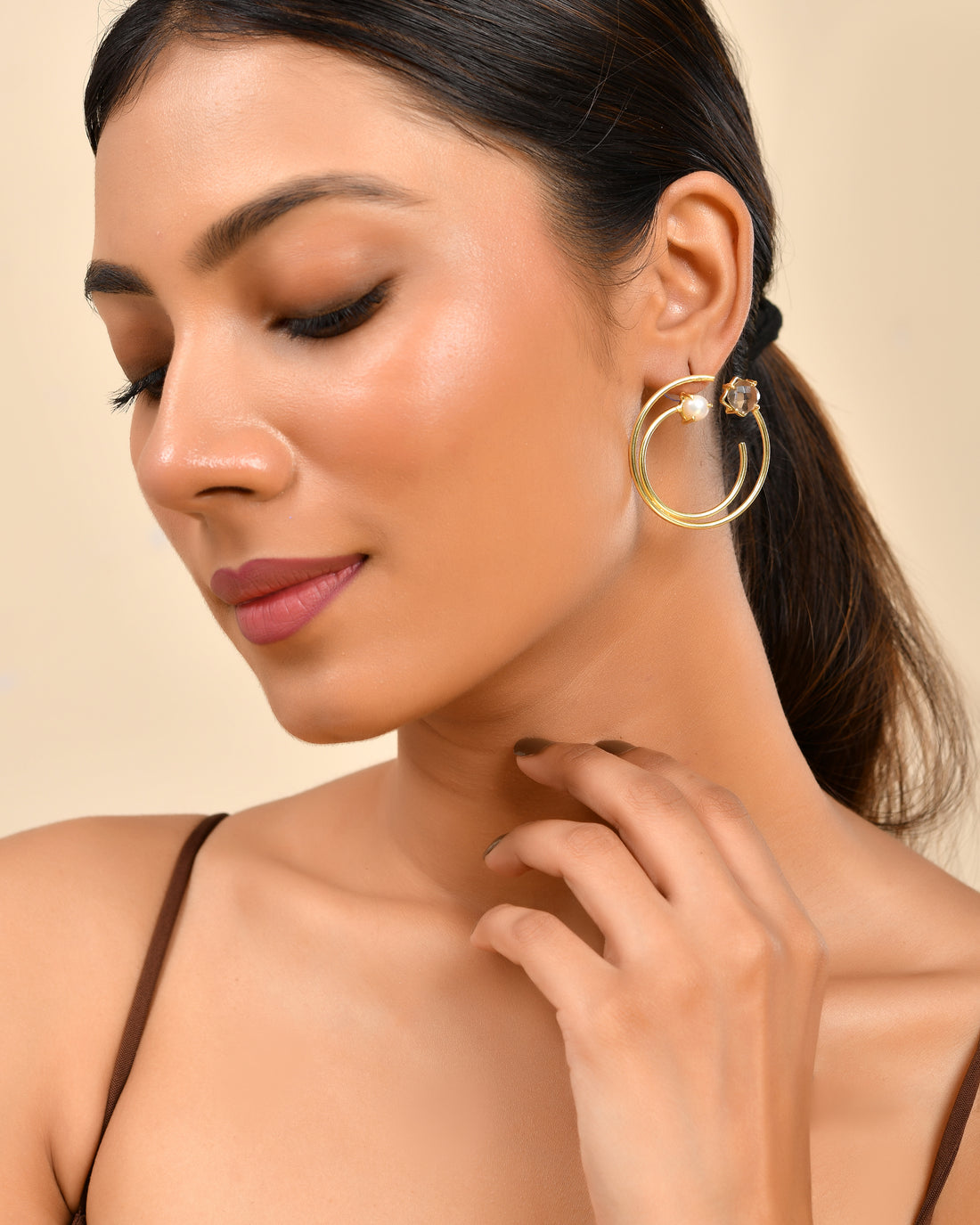 Dual Hoop Pearl Stud Earrings