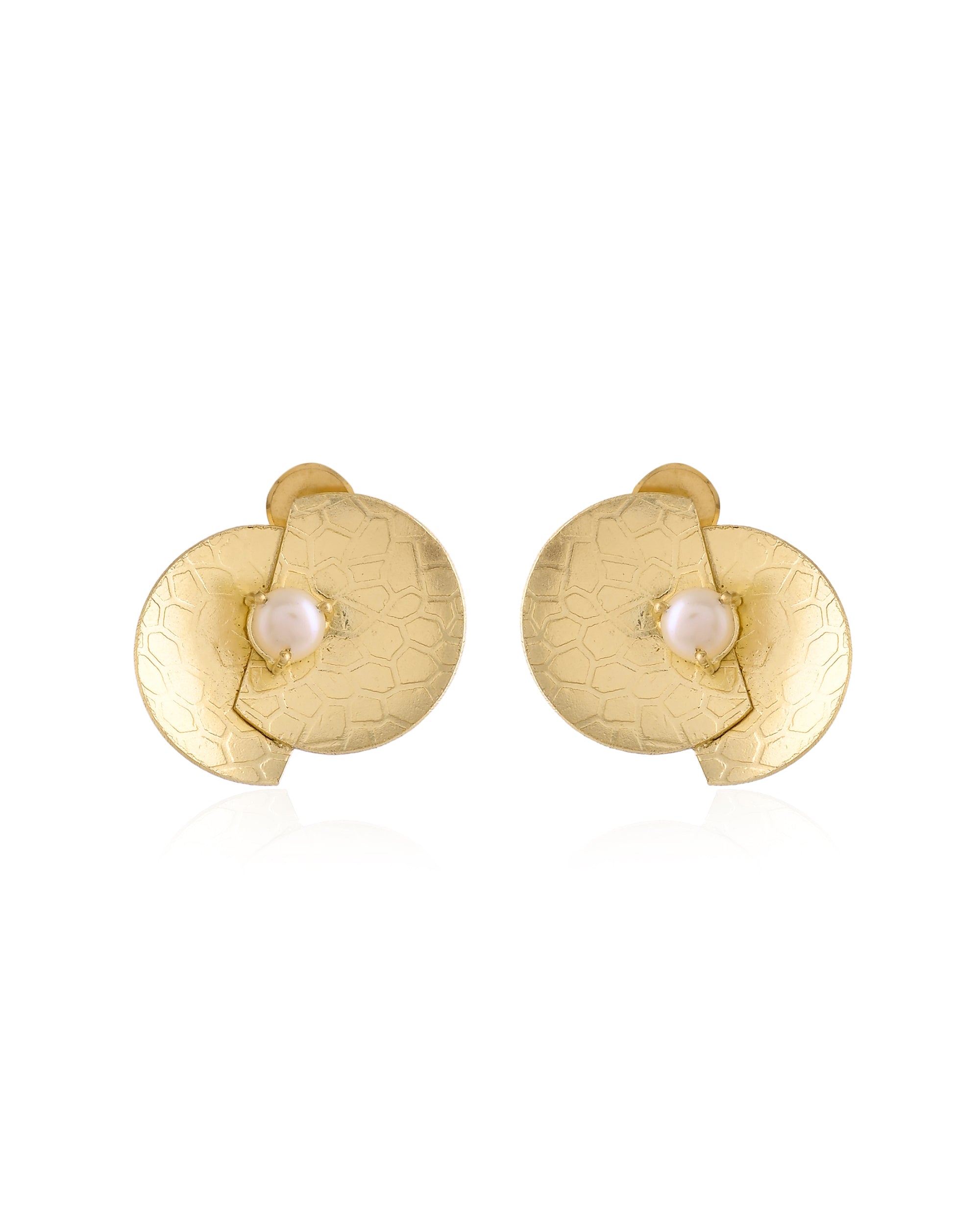 Gold Textured Pearl Stud Earrings