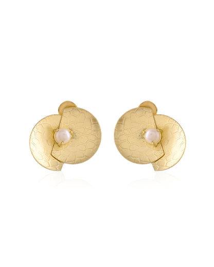 Gold Textured Pearl Stud Earrings