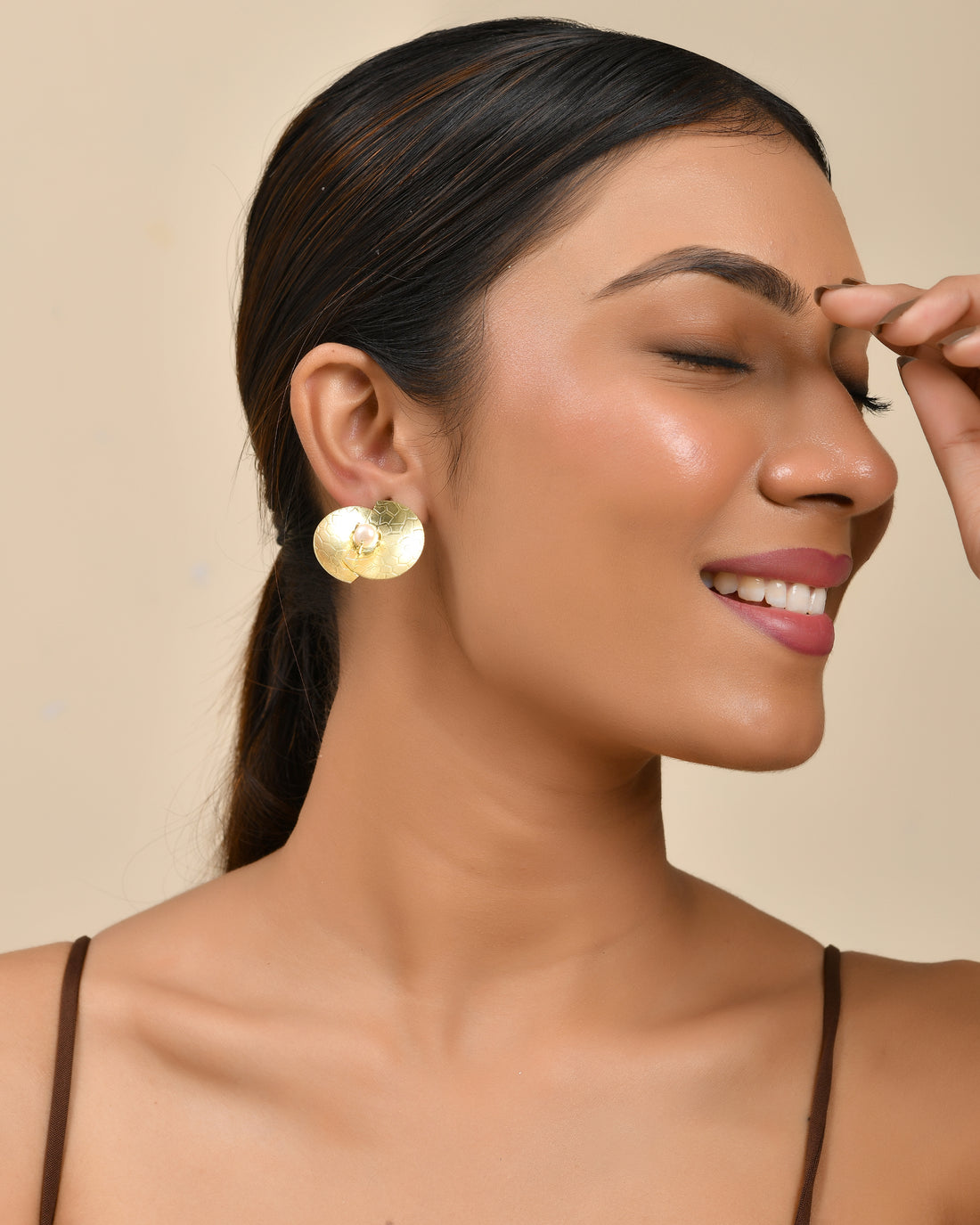 Gold Textured Pearl Stud Earrings