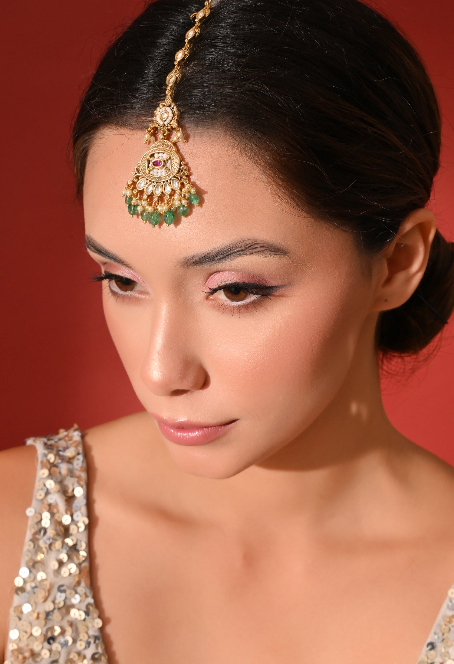 Royal Kundan Maang Tikka with Emerald Drops
