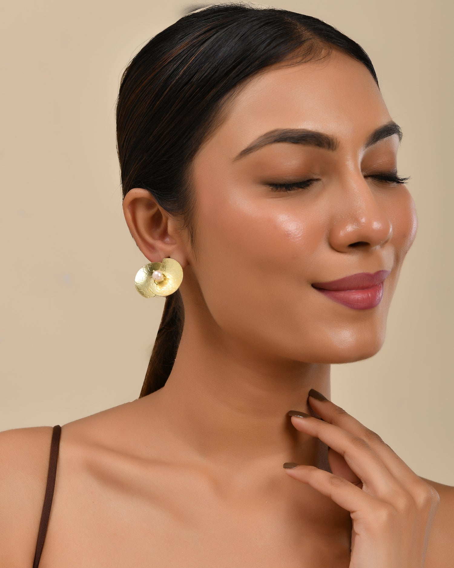 Gold Textured Pearl Stud Earrings