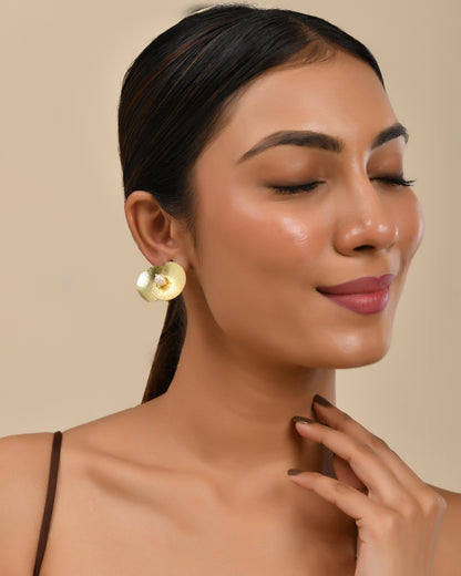 Gold Textured Pearl Stud Earrings