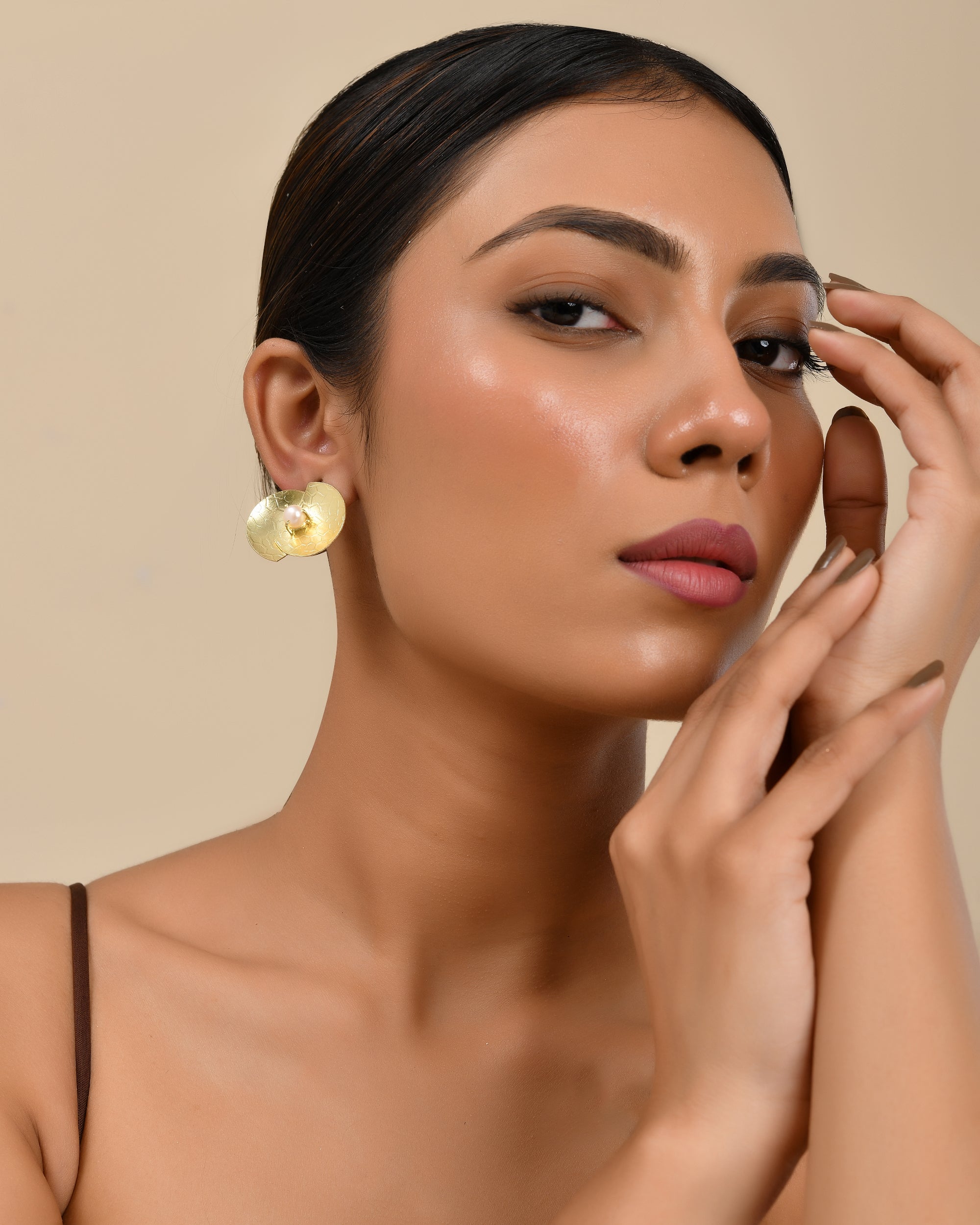 Gold Textured Pearl Stud Earrings