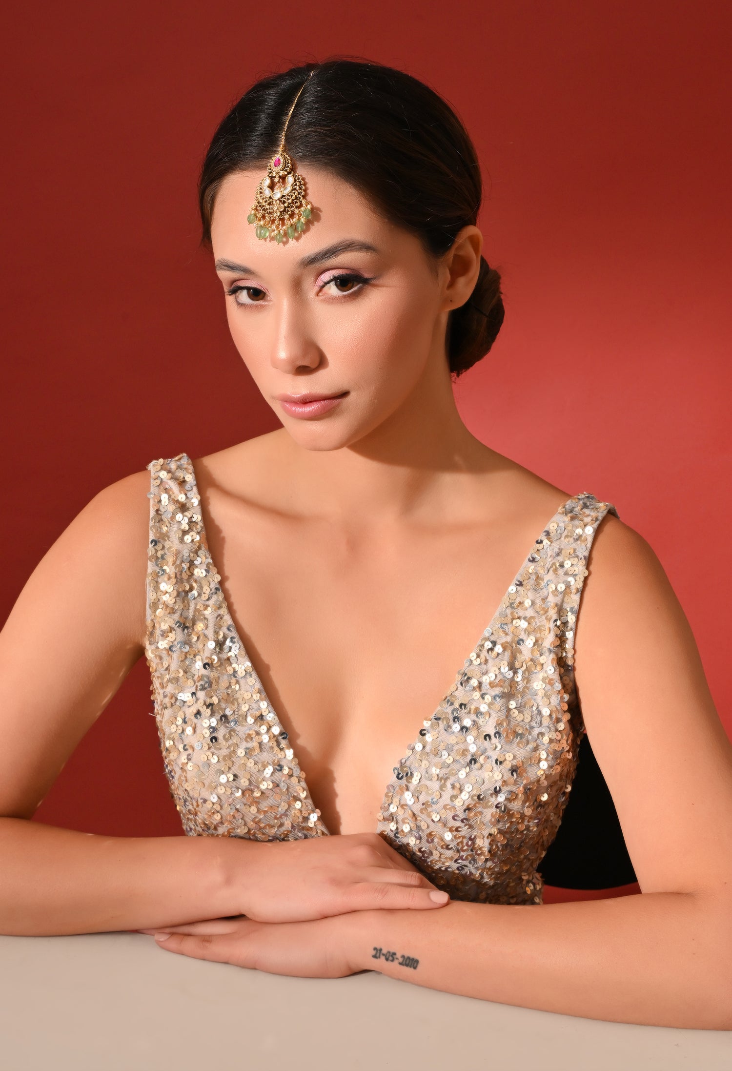 Gold Kundan Maang Tikka with Green Drops