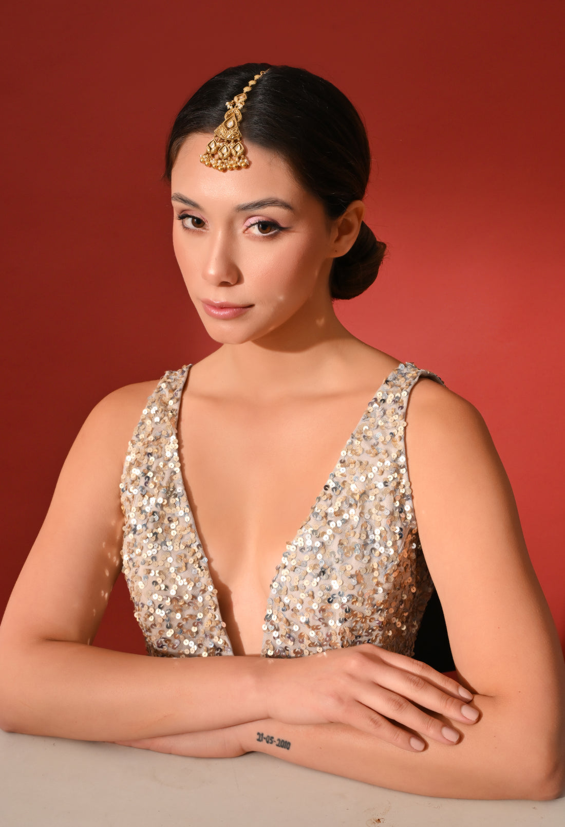 Antique Gold Pearl Drop Maang Tikka