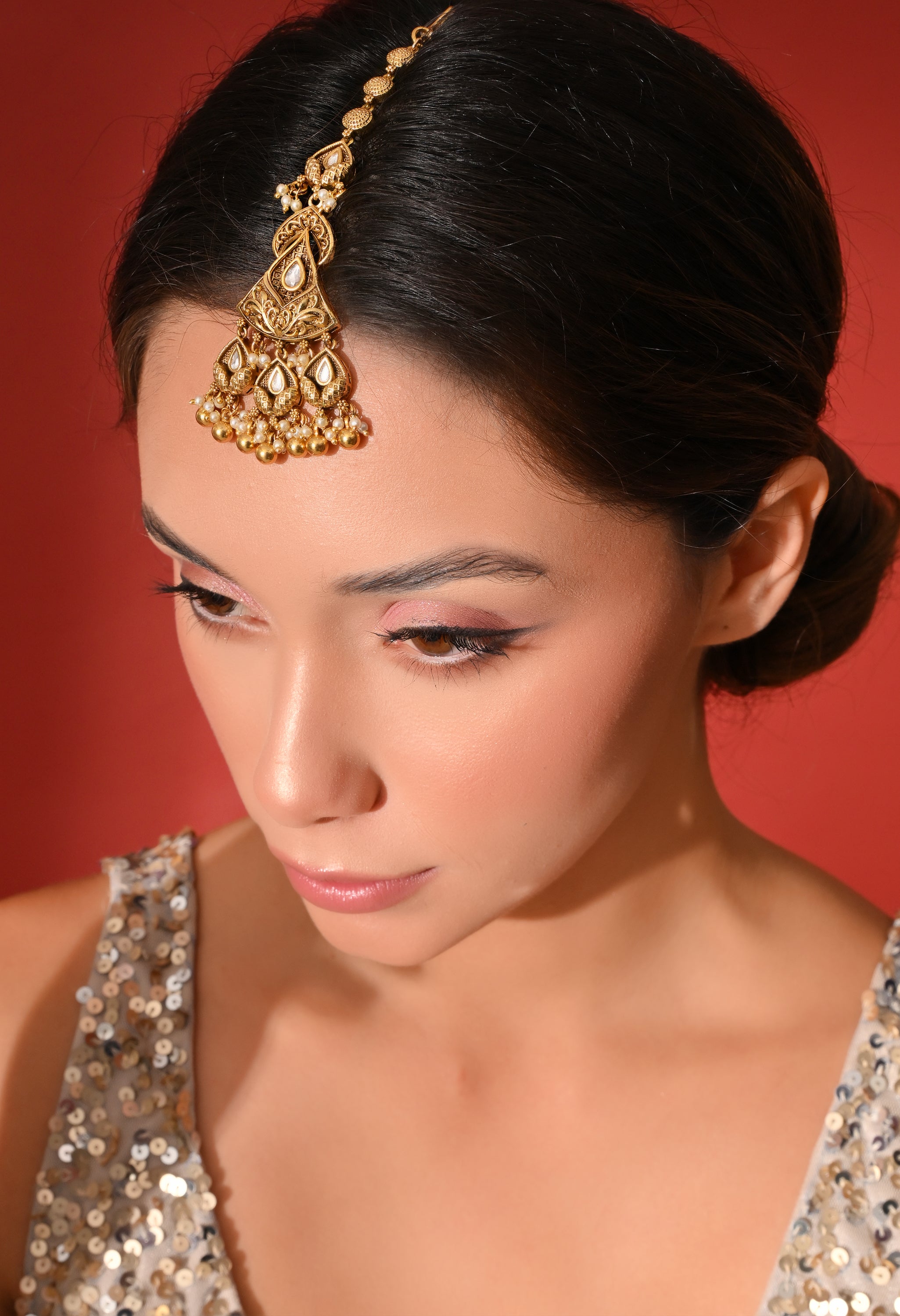 Antique Gold Pearl Drop Maang Tikka