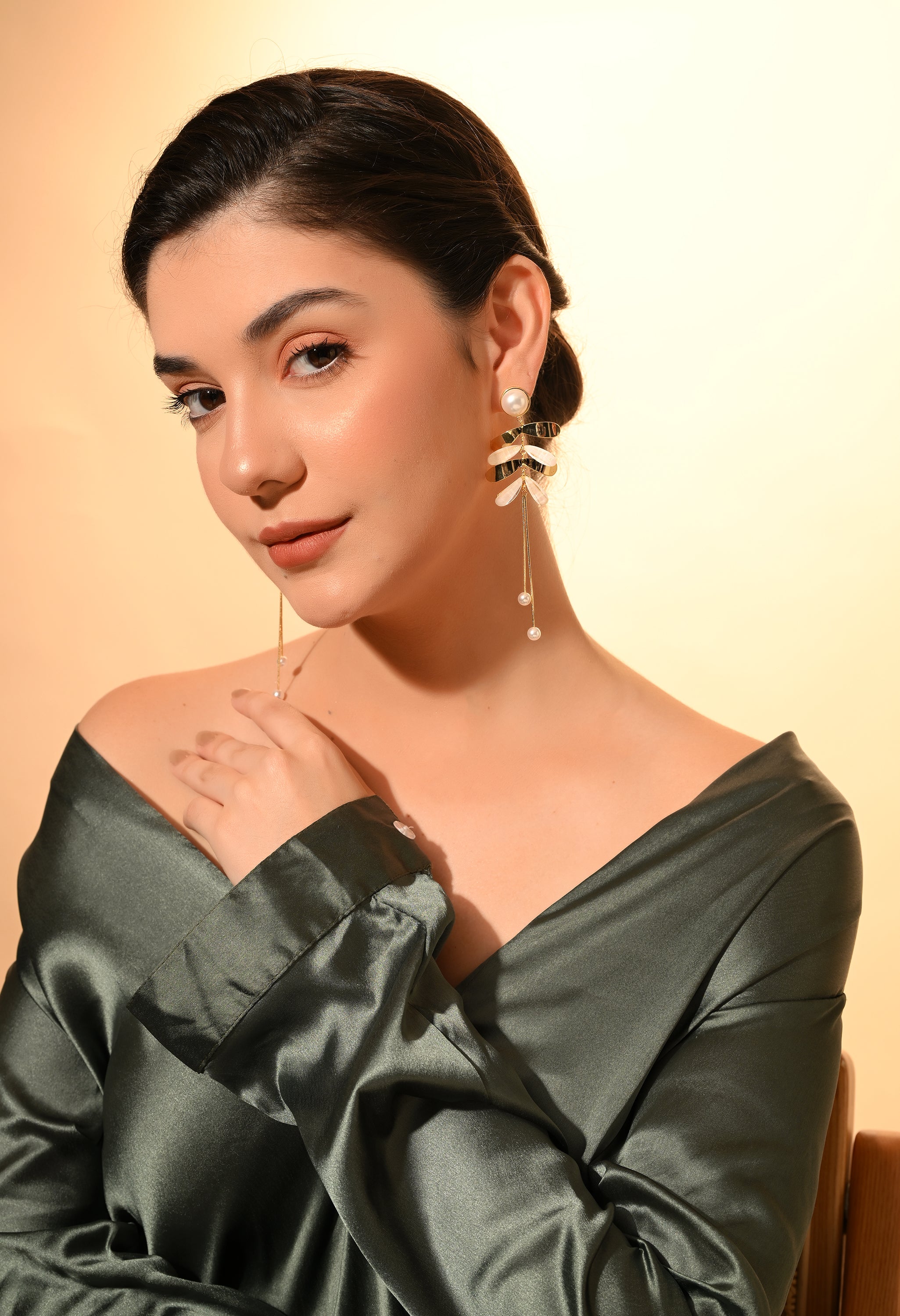 Golden Leaf Pearl Drop Earrings