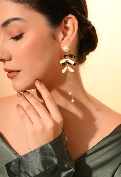 Golden Leaf Pearl Drop Earrings