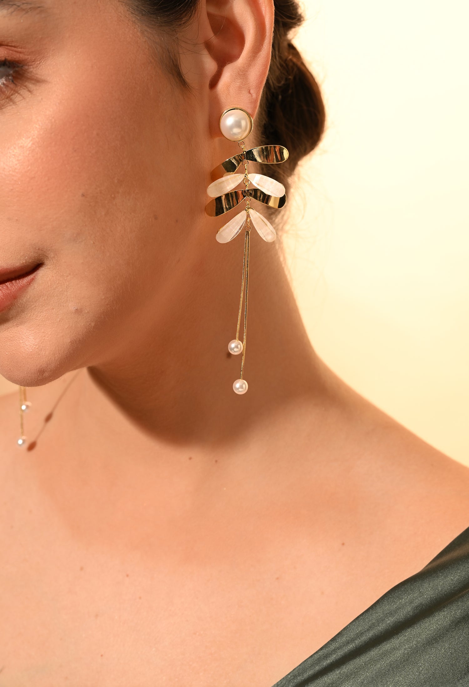 Golden Leaf Pearl Drop Earrings