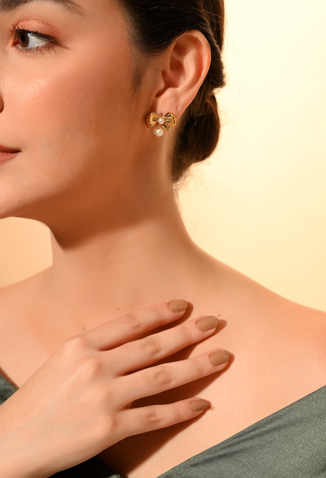 Golden Bow Pearl Stud Earrings