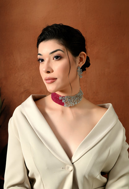 Elegant Ruby Floral Choker Set