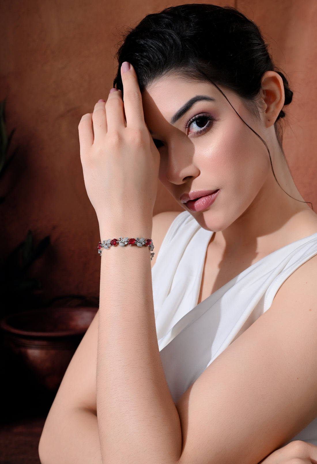Sparkling Ruby Blossom Silver Bracelet