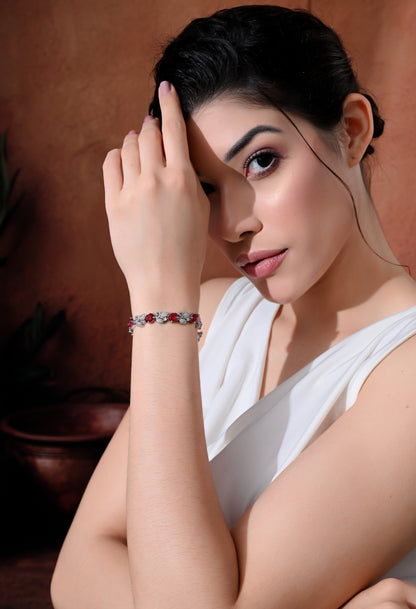 Sparkling Ruby Blossom Silver Bracelet