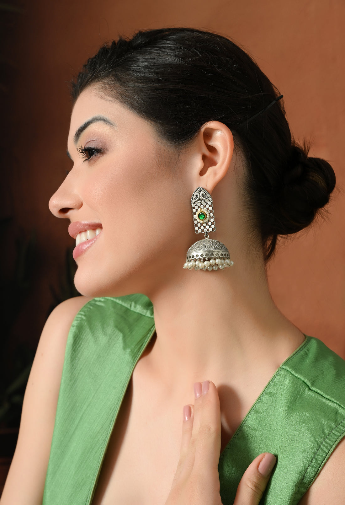 Elegant Silver Green Pearl Jhumkas