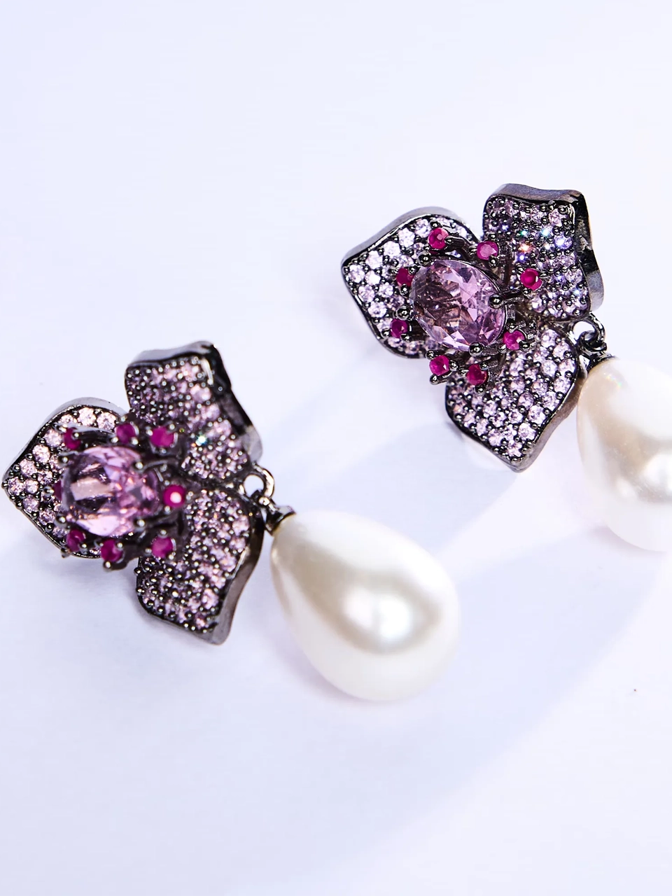Oxidized Pearl Ruby Earrings
