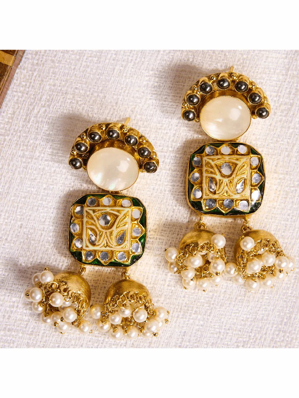 Gilded Kundan &amp; White Jade Jhumkas