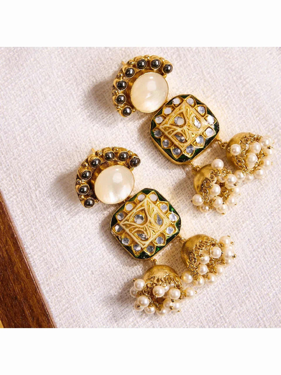 Gilded Kundan &amp; White Jade Jhumkas