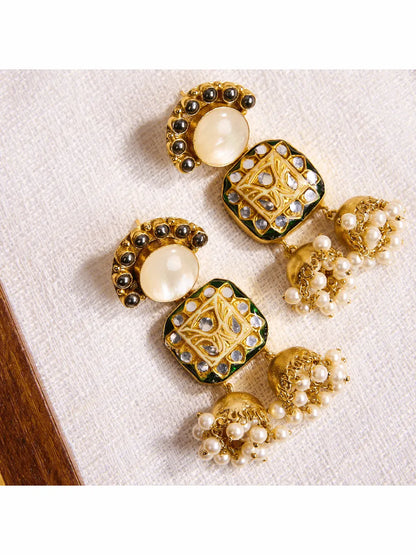 Gilded Kundan &amp; White Jade Jhumkas