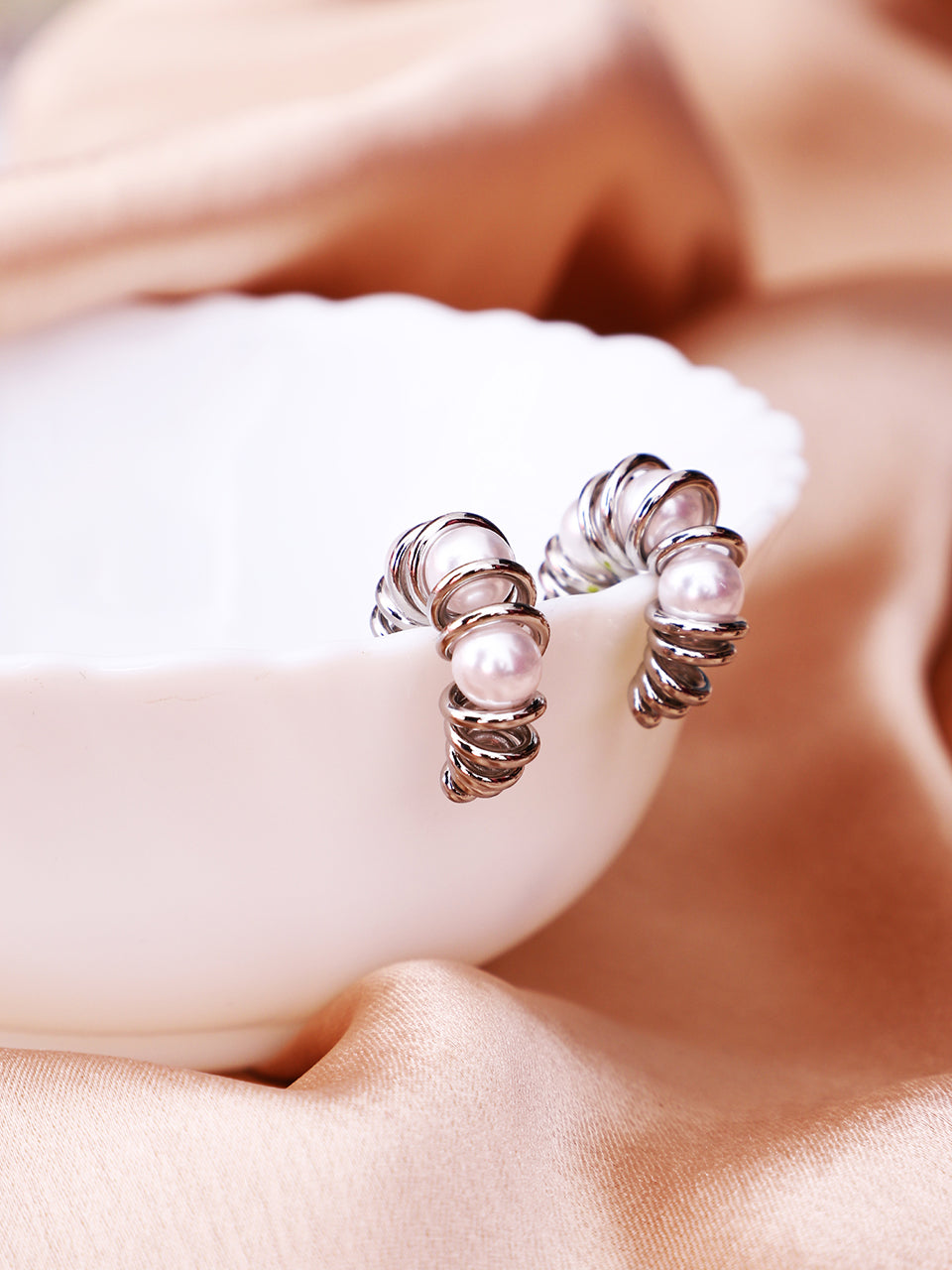 Pearl Spiral C Hoop Earrings