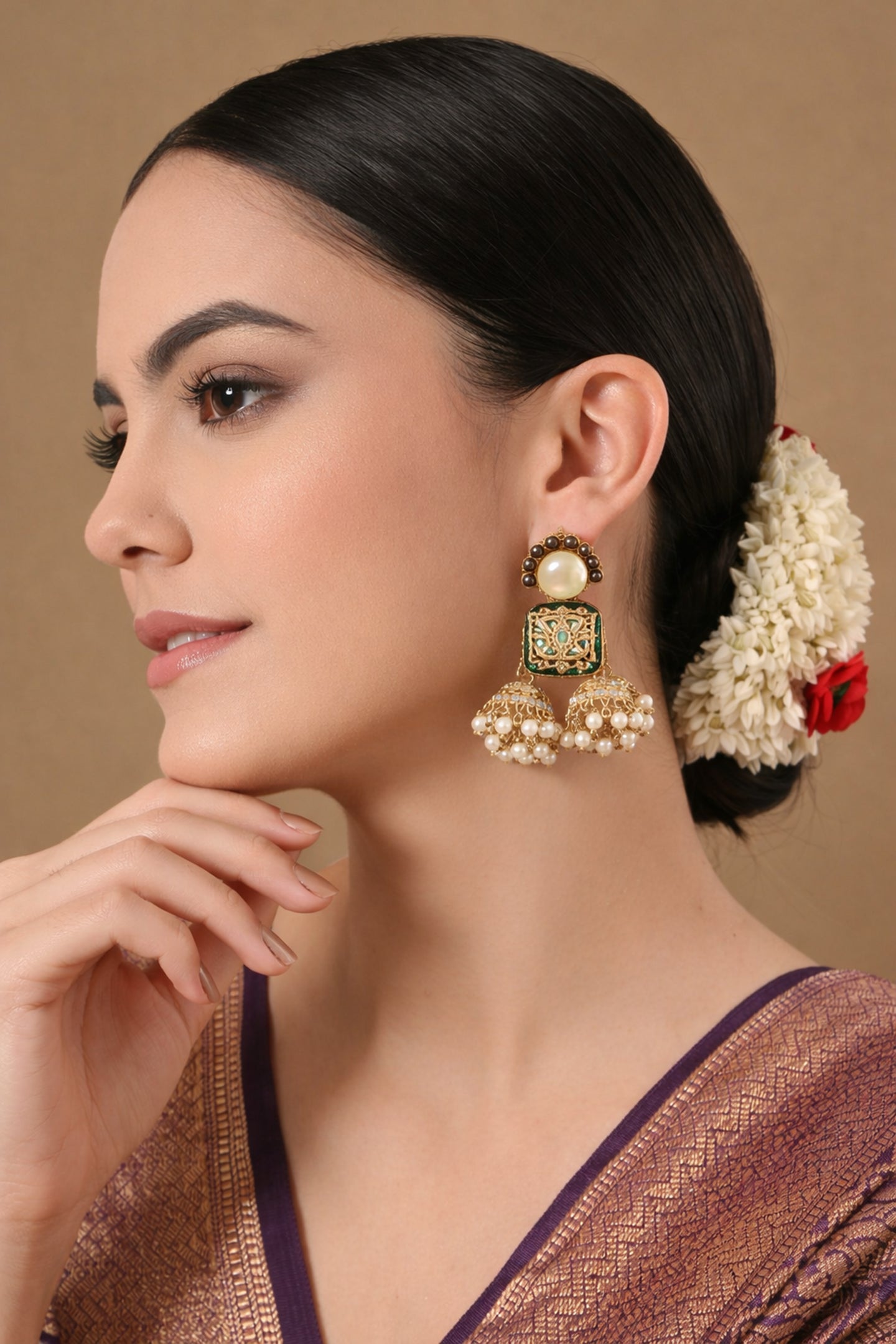 Gilded Kundan &amp; White Jade Jhumkas