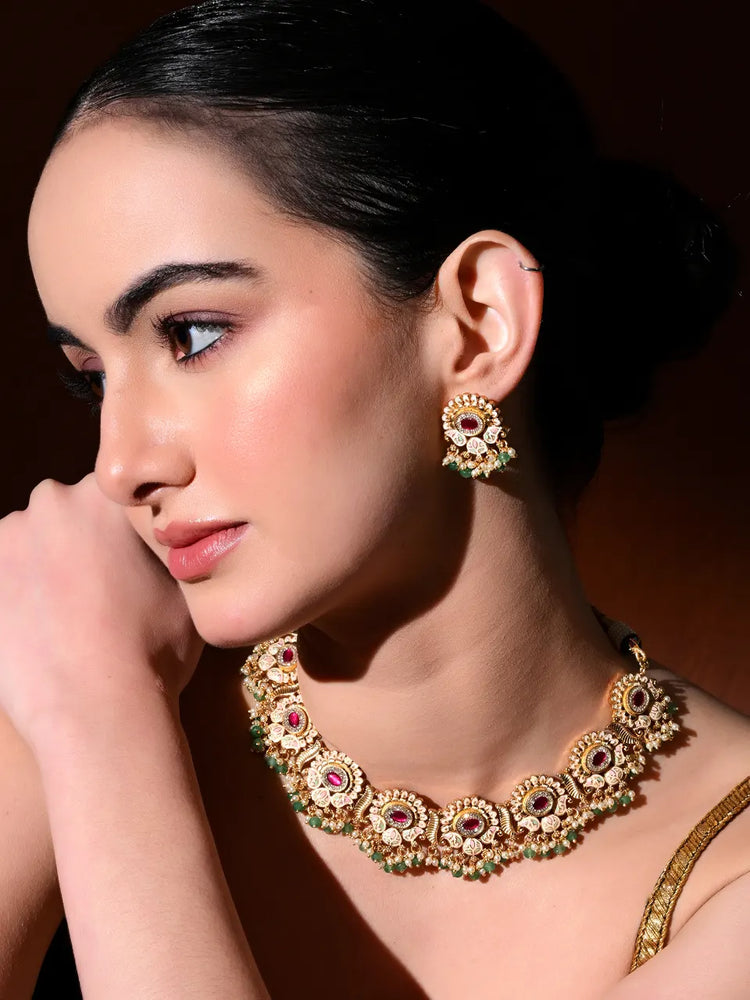 Ruby Royale Temple Necklace Set For Woman