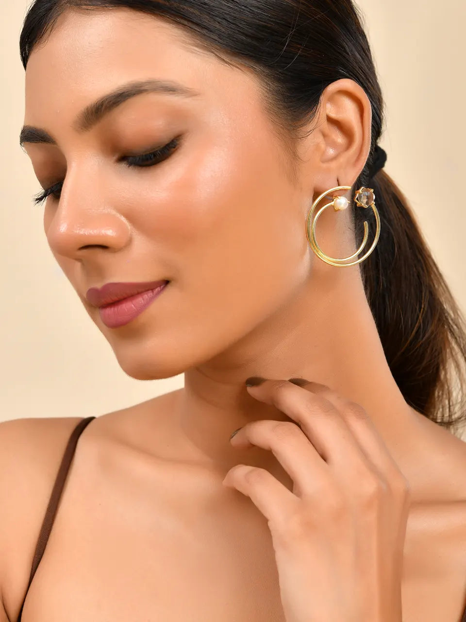 Dual Hoop Pearl Stud Earrings